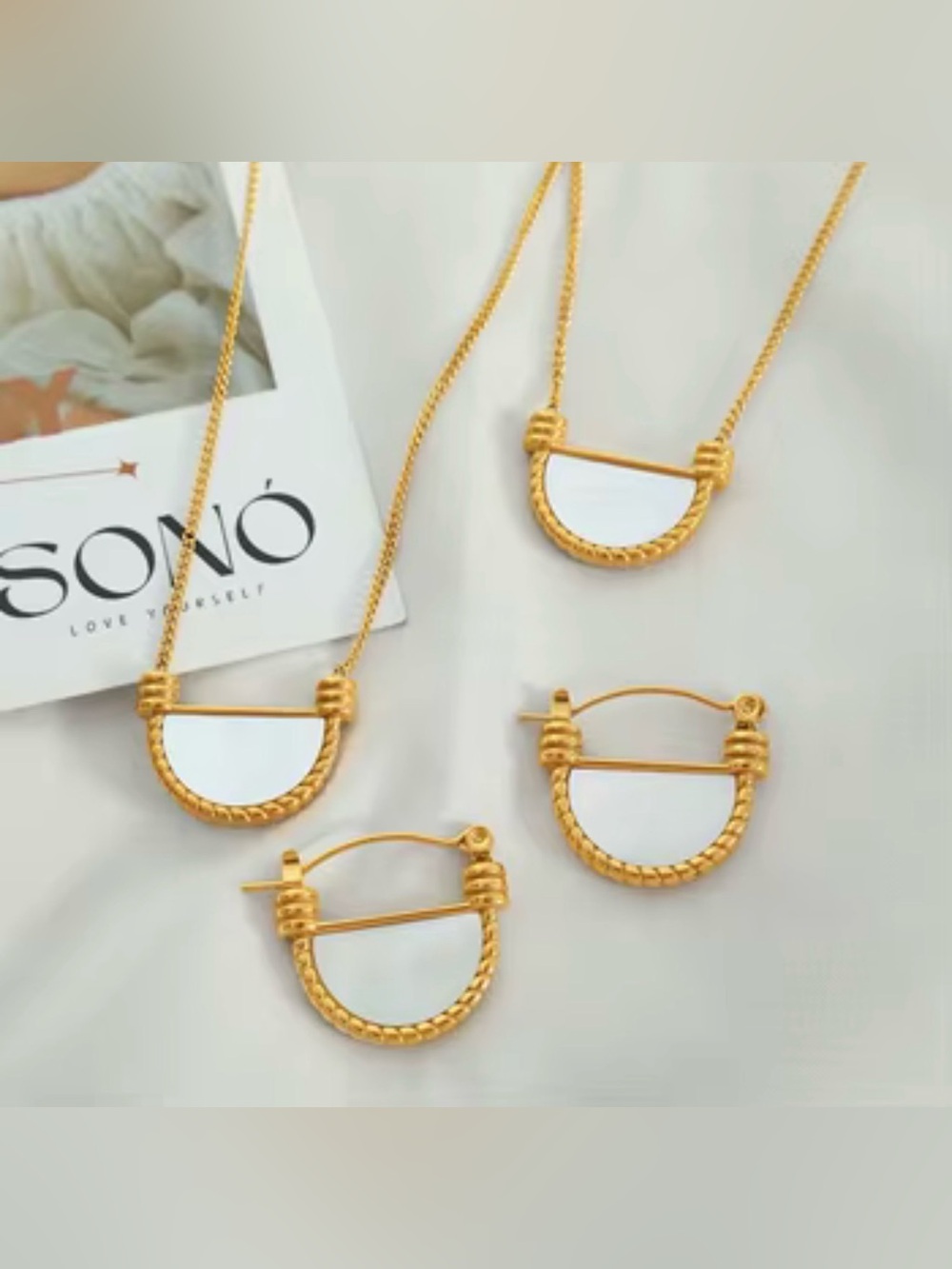 Gold Half-Moon Mother of Pearl Necklace and Earrings Set